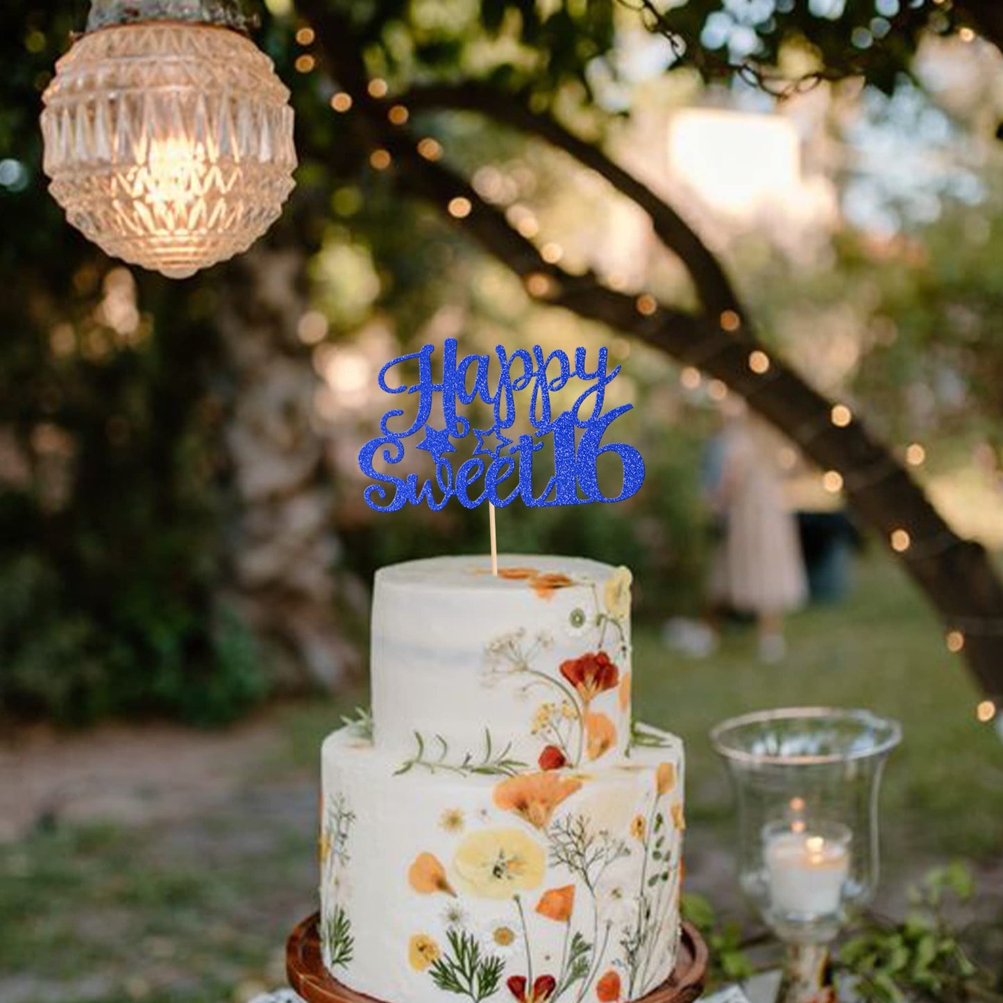 YCTHUNFISH Happy Sweet 16 Cake Topper, Glitter Cake Pick for 16th Birthday Party, Blue, Bamboo Material