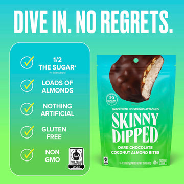 SKINNYDIPPED Dark Chocolate Coconut Almond Bites, Low Sugar, 3oz Resealable Bags, Pack of 4 (24 Bites Total)