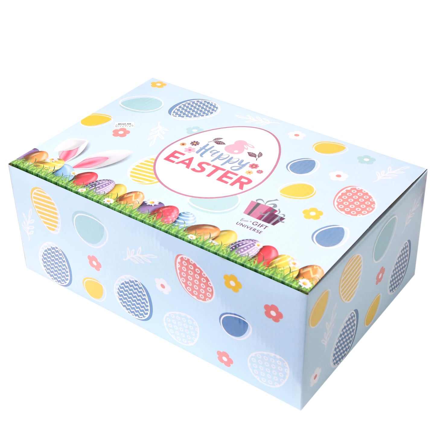 BLUE RIBBON, Easter Gift Basket (82 Count) Care Package with Two Plush Bunny Treats Snacks Cookies Candy Toys Gift Box for Kids