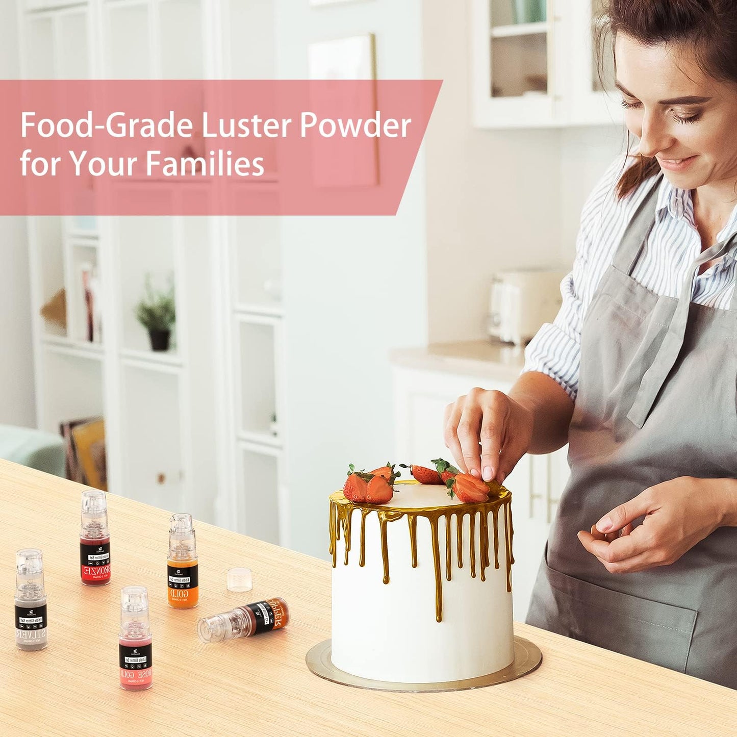 DecorRom Luster Dust Edible Set - 5 Food Grade Shimmer Powders in Spray Bottles - 5 Colors - Gold