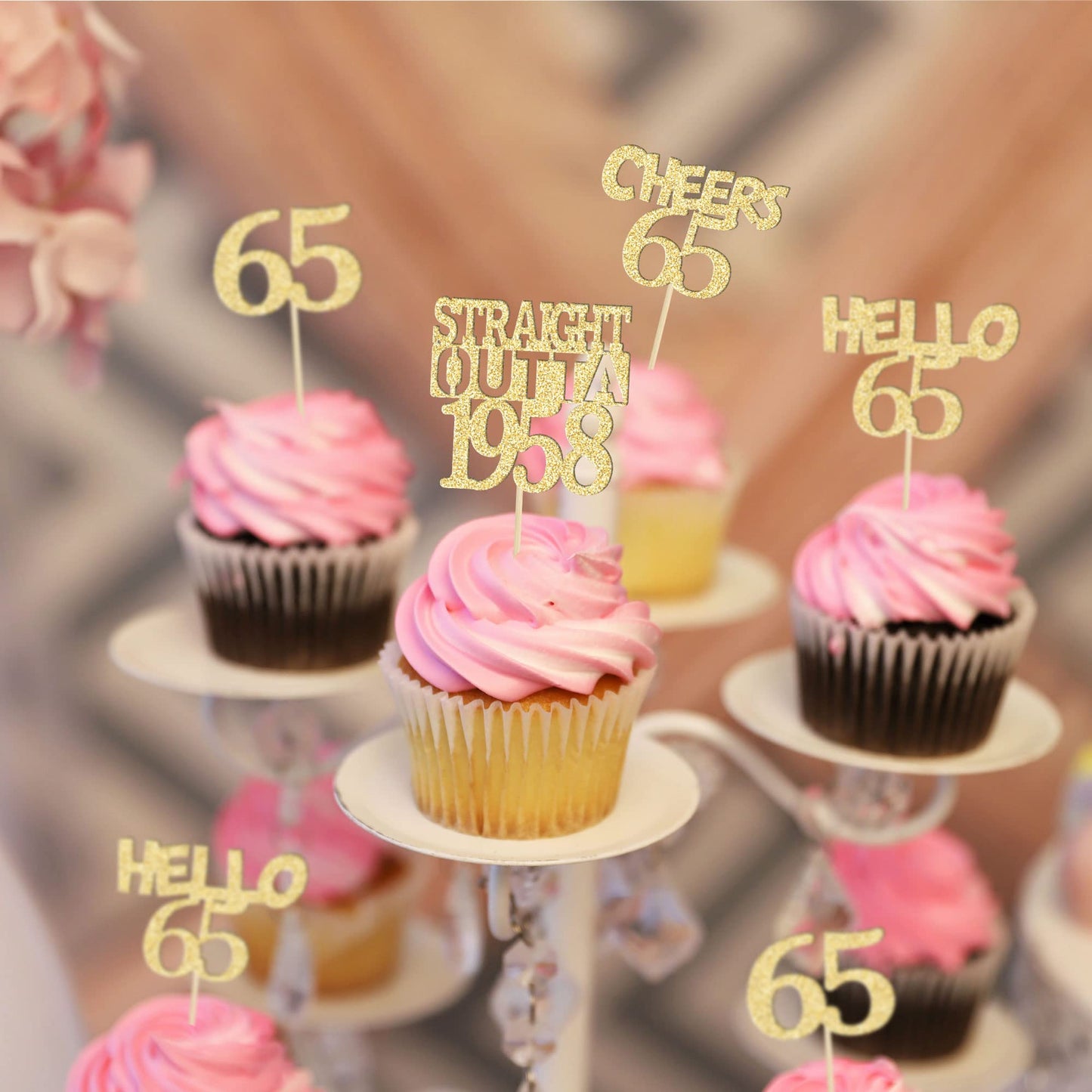 Gyufise 24Pcs Happy 65th Cupcake Toppers Glitter Sixty-five Straight Outta 1958 Cupcake Picks Cheers to 65 Years Birthday Cake D