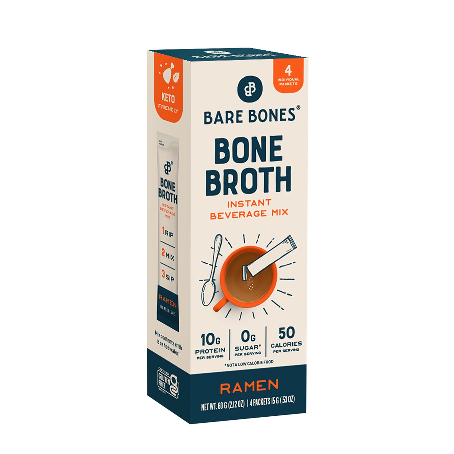Bare Bones Bone Broth Instant Powdered Mix | Rich Savory Packets On-The-Go No Artificial Flavors | Non-Gmo Gluten-Free Dairy-Free Keto & Paleo Friendly | 15G Sticks 10G Protein | Ramen | 4 Pack