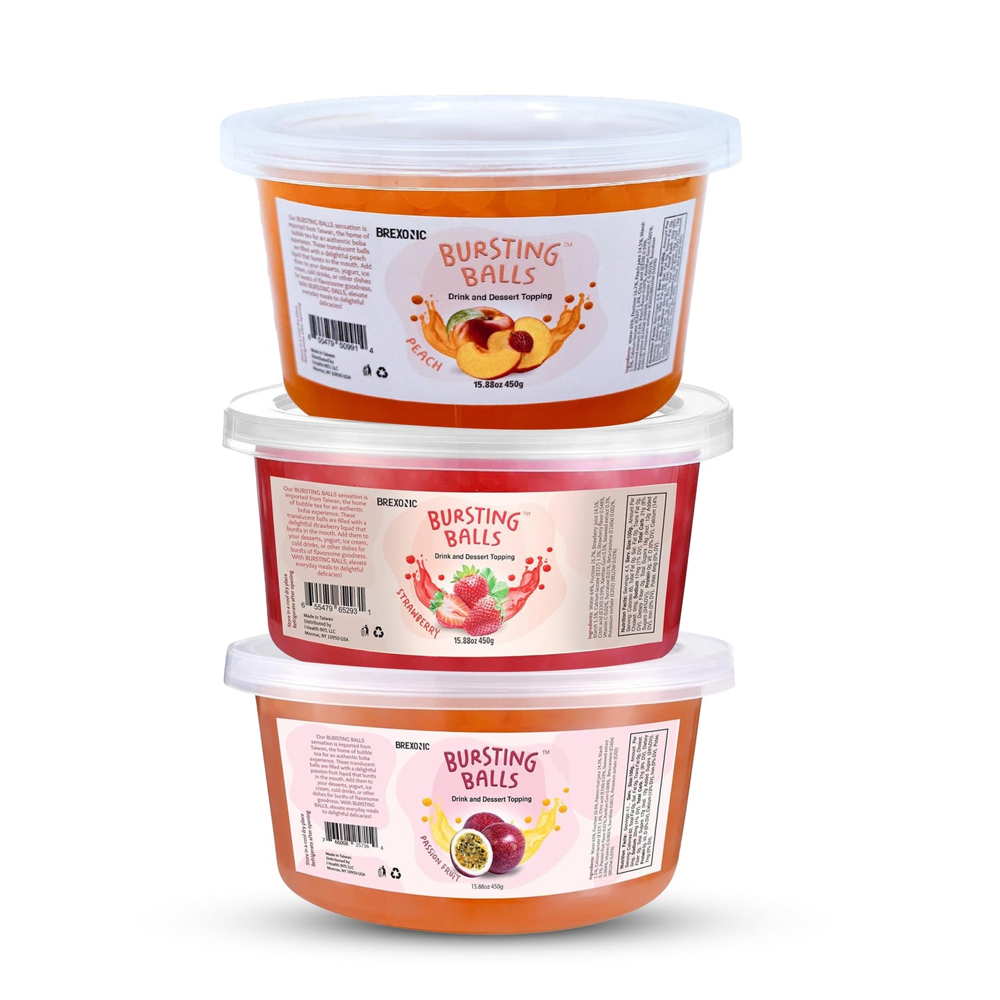 3 Flavors Popping Boba Pearls Bursting Tea Balls Drink & Dessert Topping Passion Fruit, Strawberry, Peach, Flavored Bubble Tea P