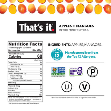 Thats It. Mini Fruit Bars Variety (20 Pack) No Sugar Added, Plant-Based, Vegan & Gluten Free, Breakfast Bar, Paleo, For Children & Mature-Themeds, Non Gmo, Fiber