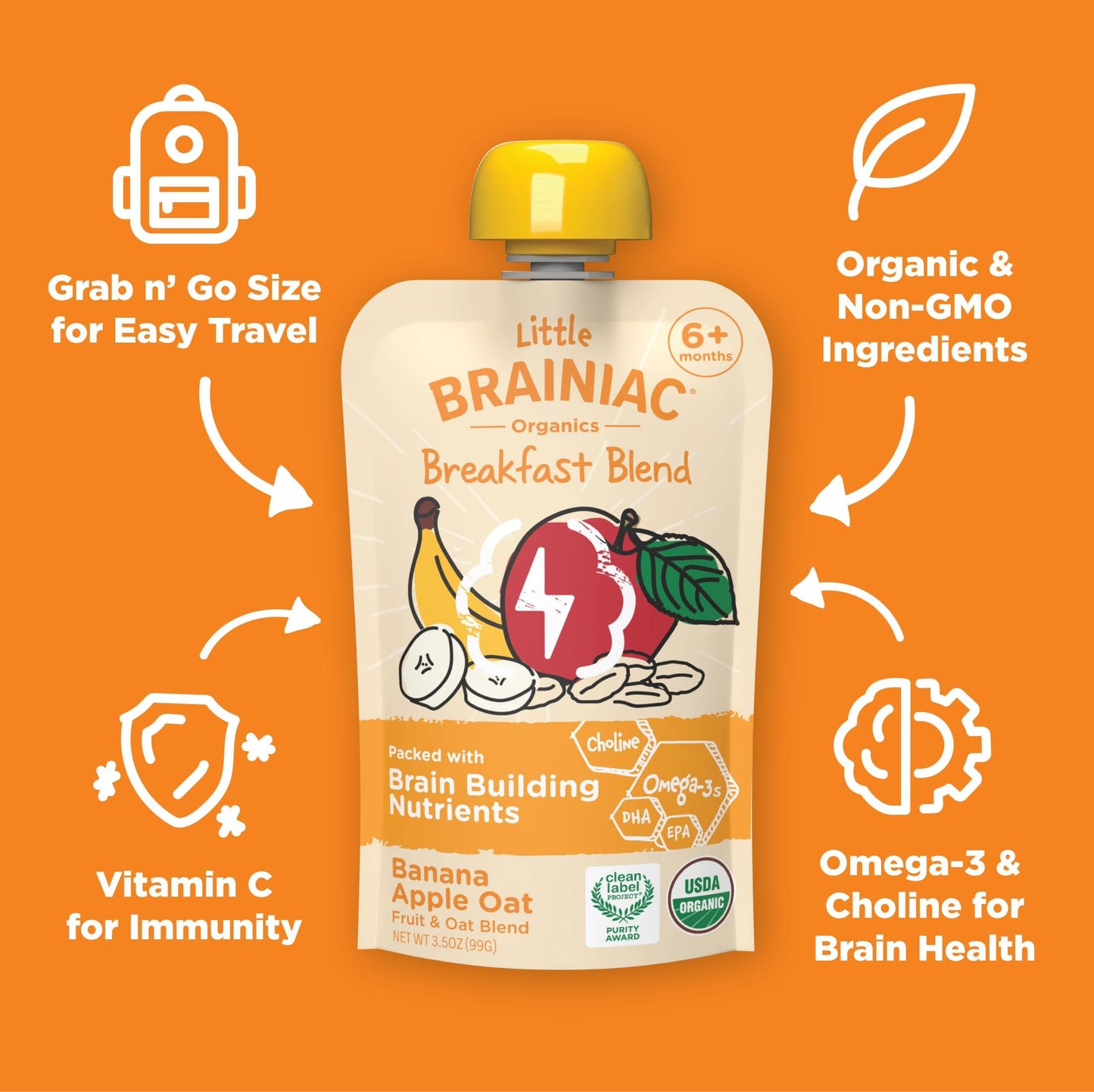 Little Brainiac Breakfast Blend Organic Fruit & Oat Toddler Pouches, Banana Apple Oat with Omega-3s DHA/EPA and Choline, Clean L