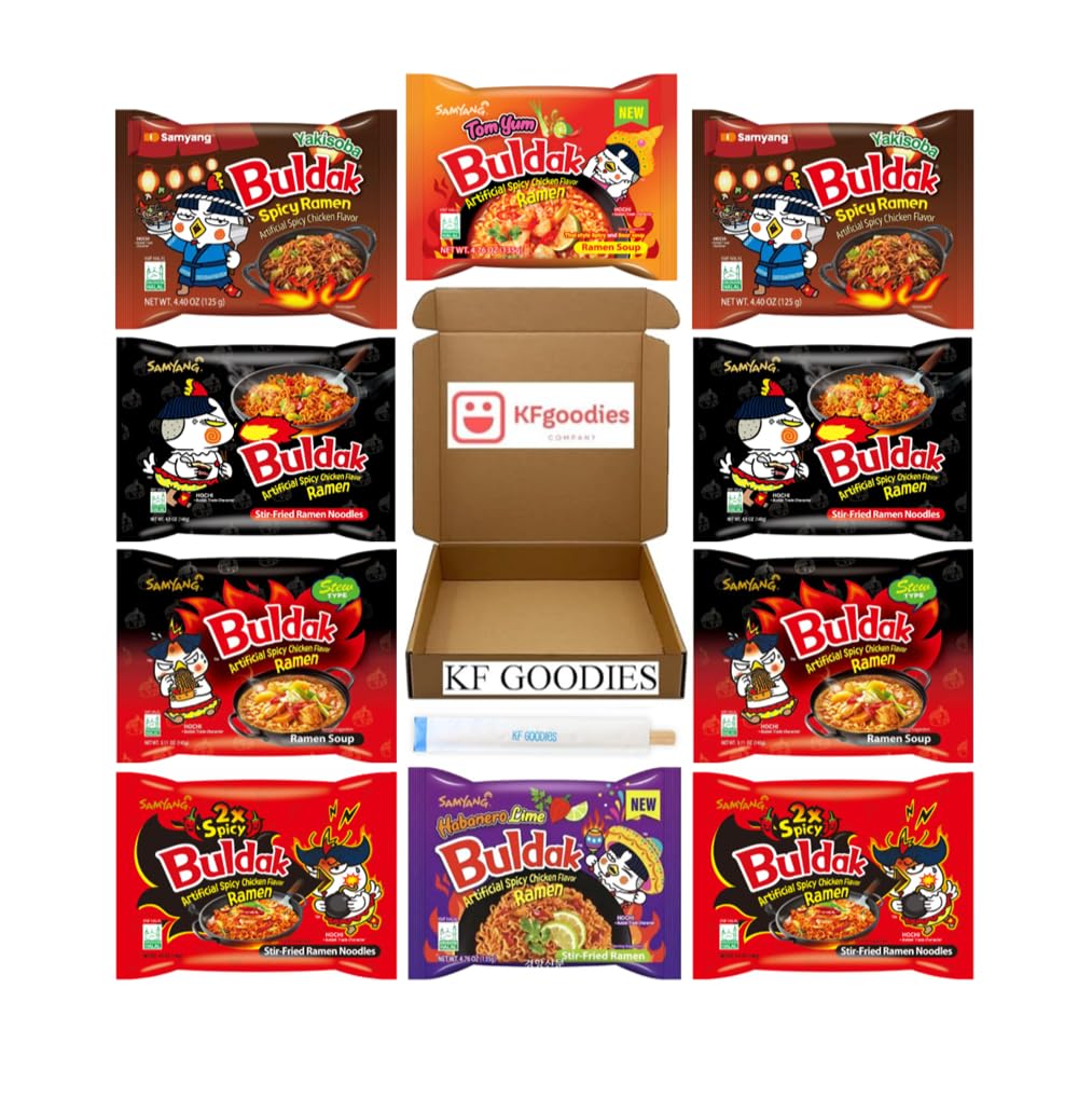 Samyang Buldak Hot Spicy Chicken Ramen Noodle Korean Stir-Fried Ramen (10, Habanero Lime (1), Tom Yum (1), 2X Spicy (2), Origina