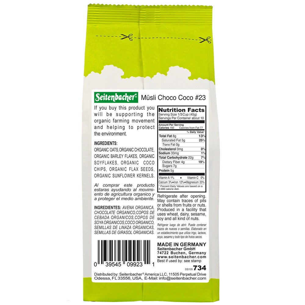 Seitenbacher Organic Muesli Choco Coconut Cereal, 16 Ounce, Natural Ingredients, Pack of 1