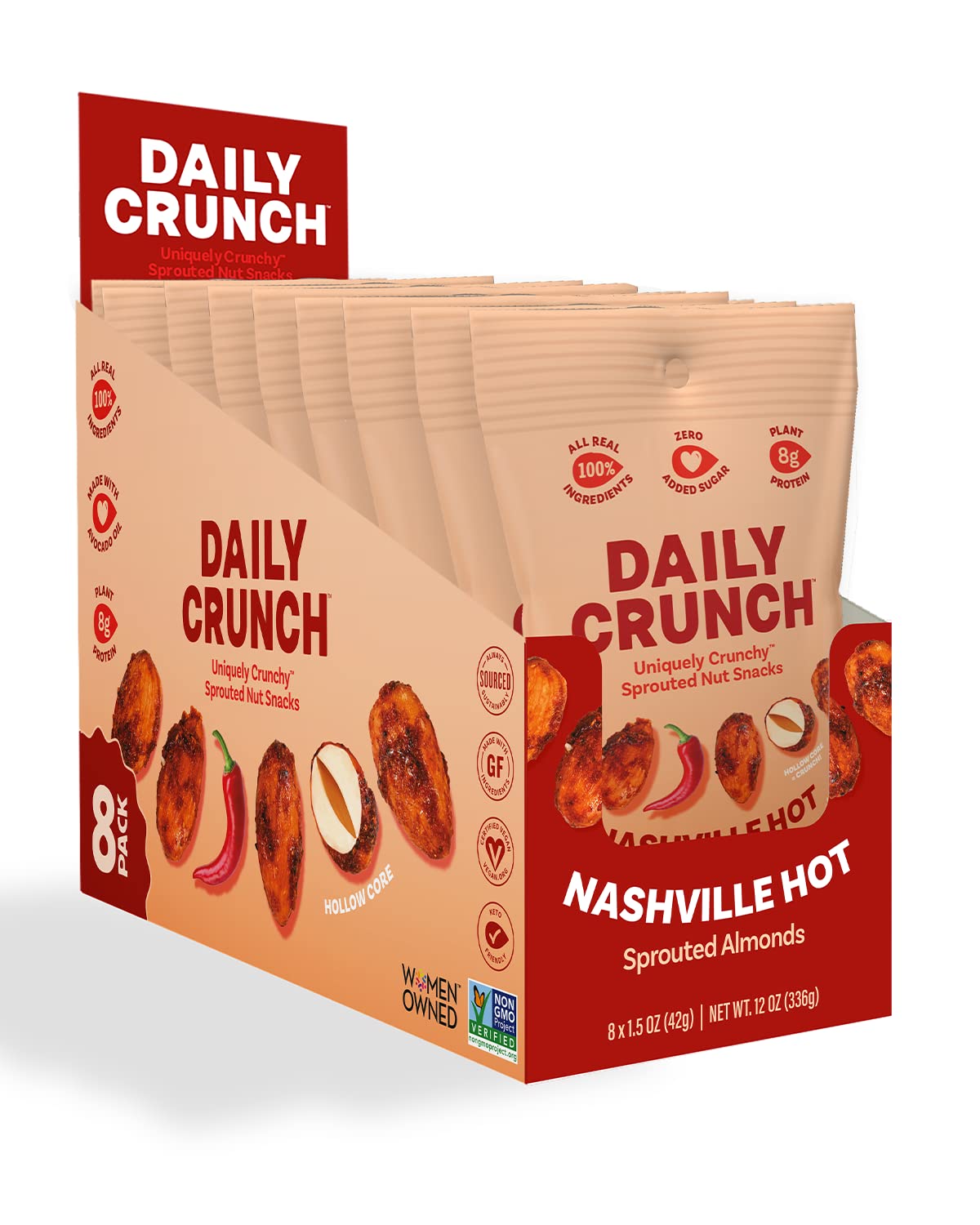 Daily Crunch, Nashville Hot Sprouted Almonds, Minis (1.5oz, Pack of 8) - Sprouted and Dehydrated for a Unique Crunch, Keto Frien