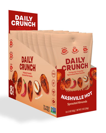Daily Crunch, Nashville Hot Sprouted Almonds, Minis (1.5oz, Pack of 8) - Sprouted and Dehydrated for a Unique Crunch, Keto Frien