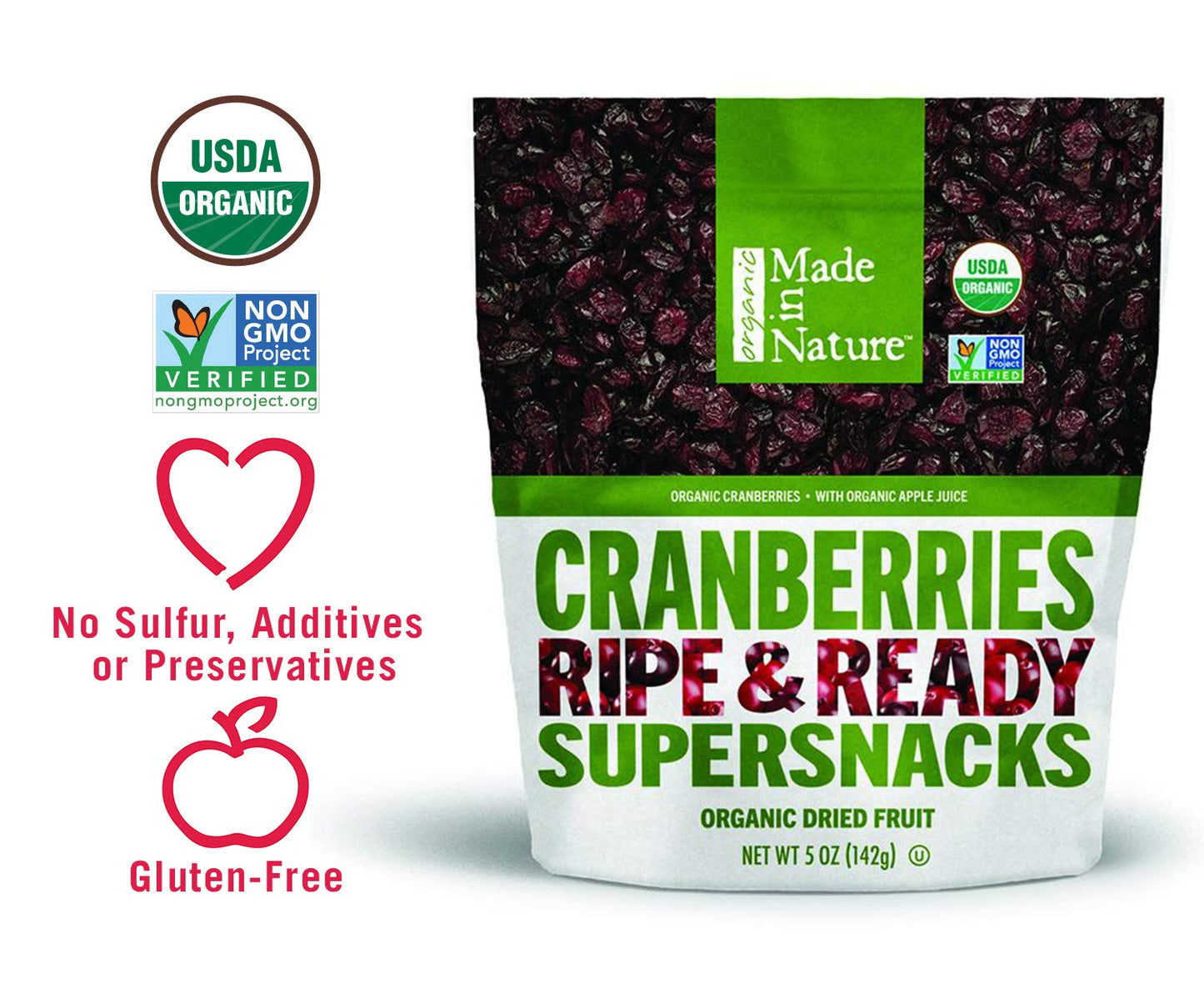 Made In Nature Organic Cranberries, Dried and Unsulfured, 5 Ounce Bag