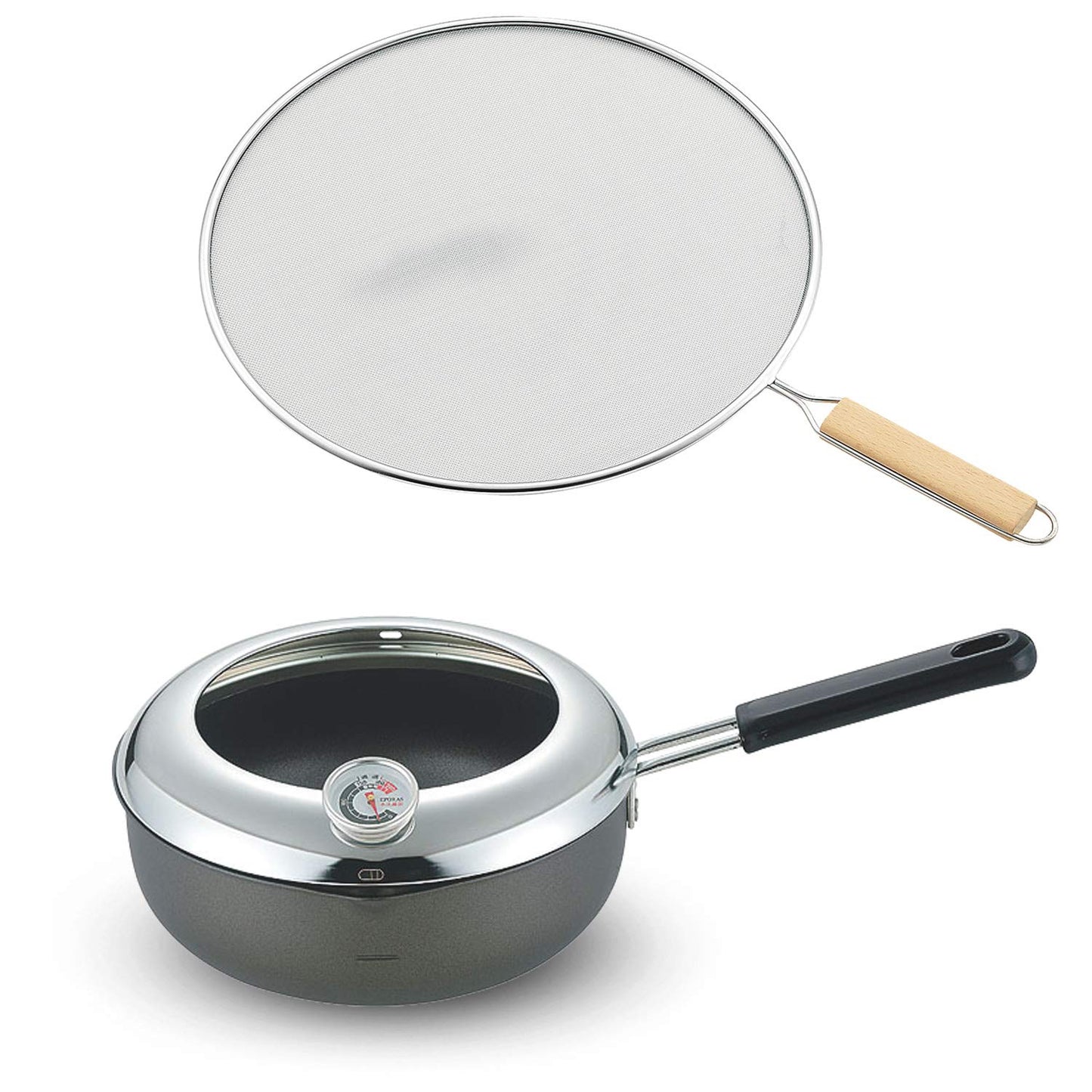 TH-076 Tempura Pot, 7.9 inches (20 cm), Induction Compatible, 1 Handed Tempura Pot with Thermometer & Oil Splash Prevention Net