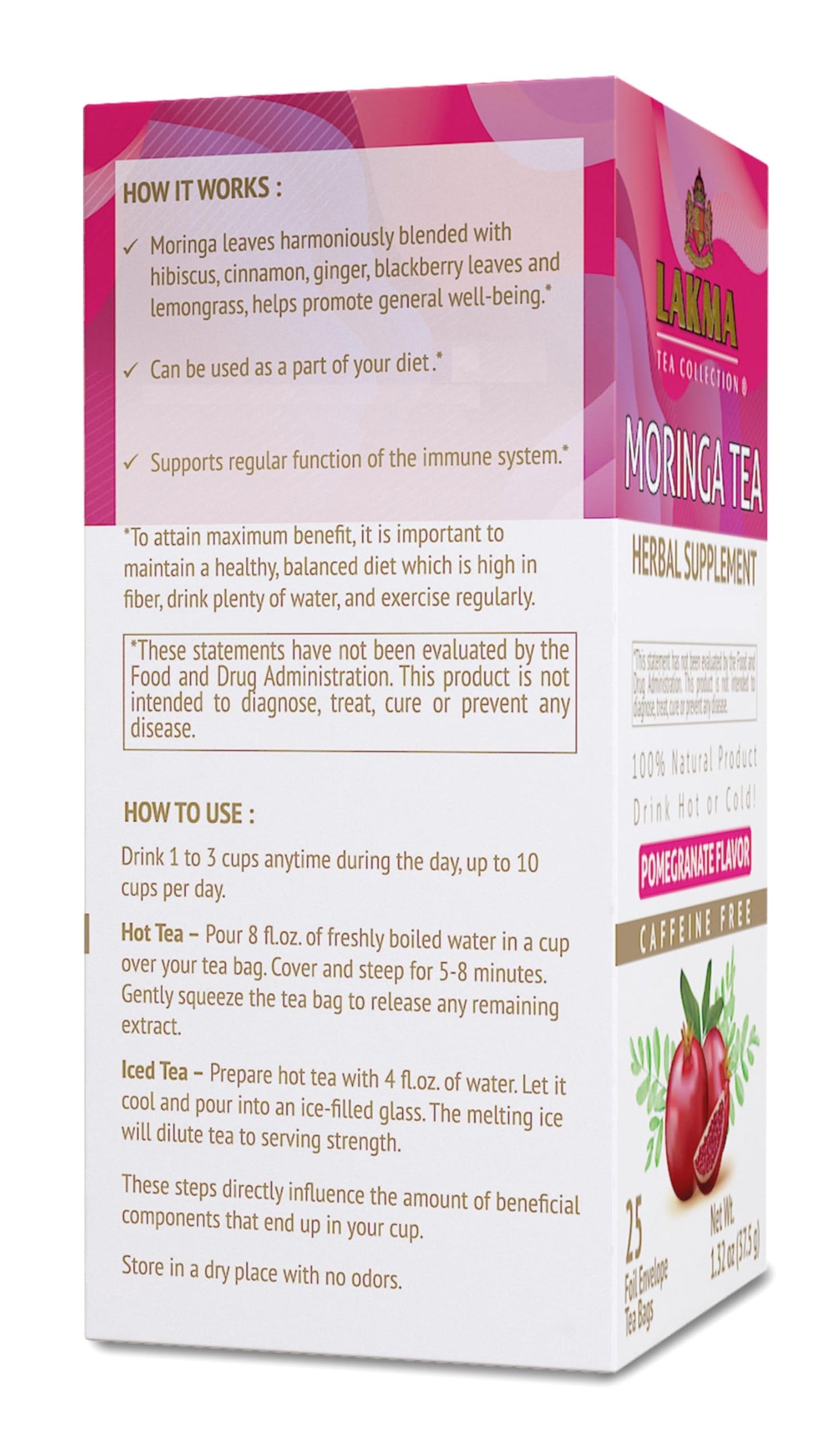HYLEYS Moringa Oleifera Tea with Pomegranate, 25 Tea Bags per Pack, 6 Packs - Total 150 Tea Bags