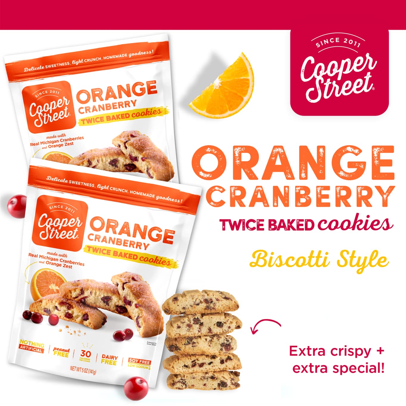 Cooper Street Cookies All Natural Twice Baked Biscotti, Peanut & Dairy Free, Orange Cranberry, 18oz (Pack of 3)
