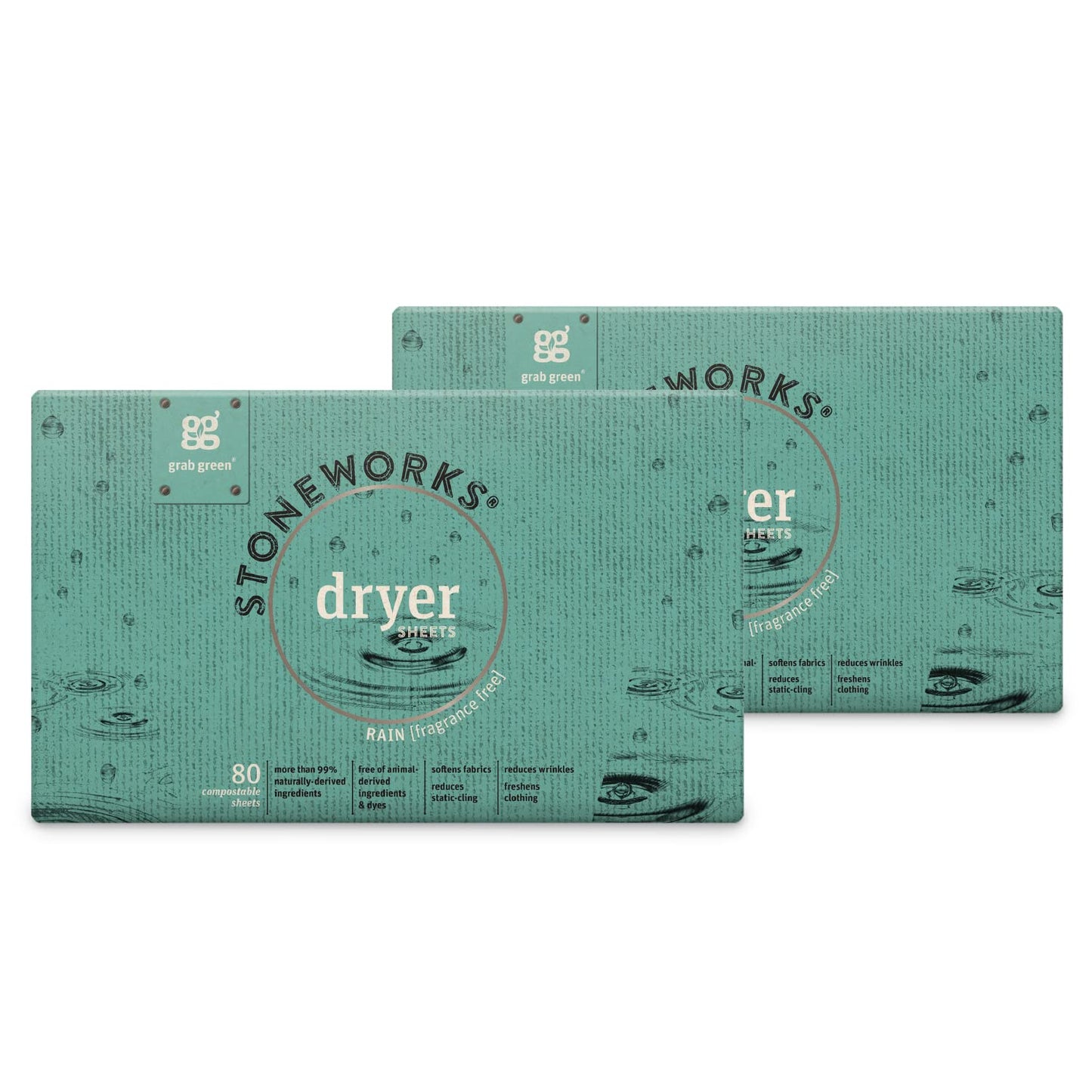 Grab Green Stoneworks Dryer Sheets, 160 Sheets, Fragrance Free Rain Scent, Plant And Mineral Based, Softens Fabrics, Reduces Sta