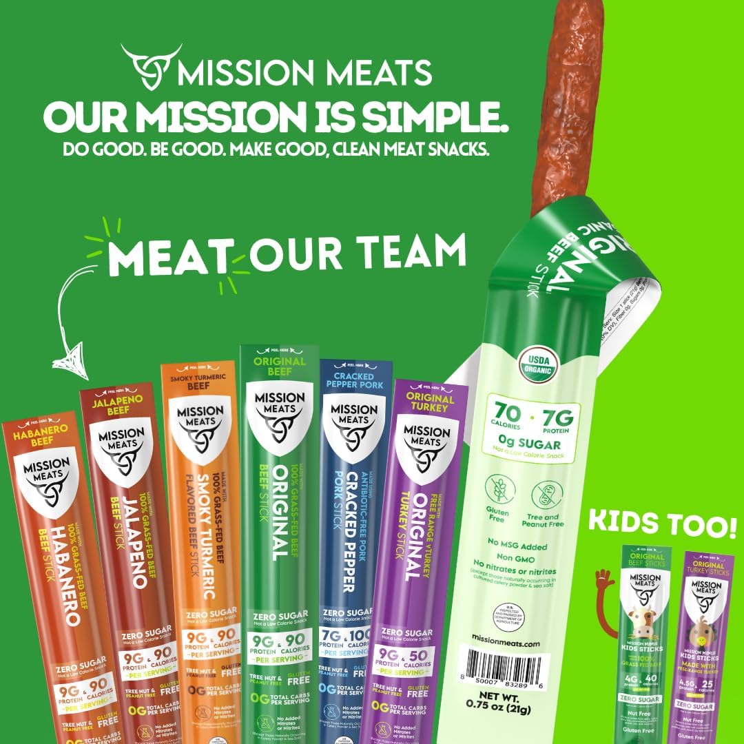 Mission Meats 100% Certified Organic Beef Sticks - Pasture-Raised Zero Sugar Non-GMO Healthy Individually Wrapped Meat Sticks Snack 0.75oz (24 Count)