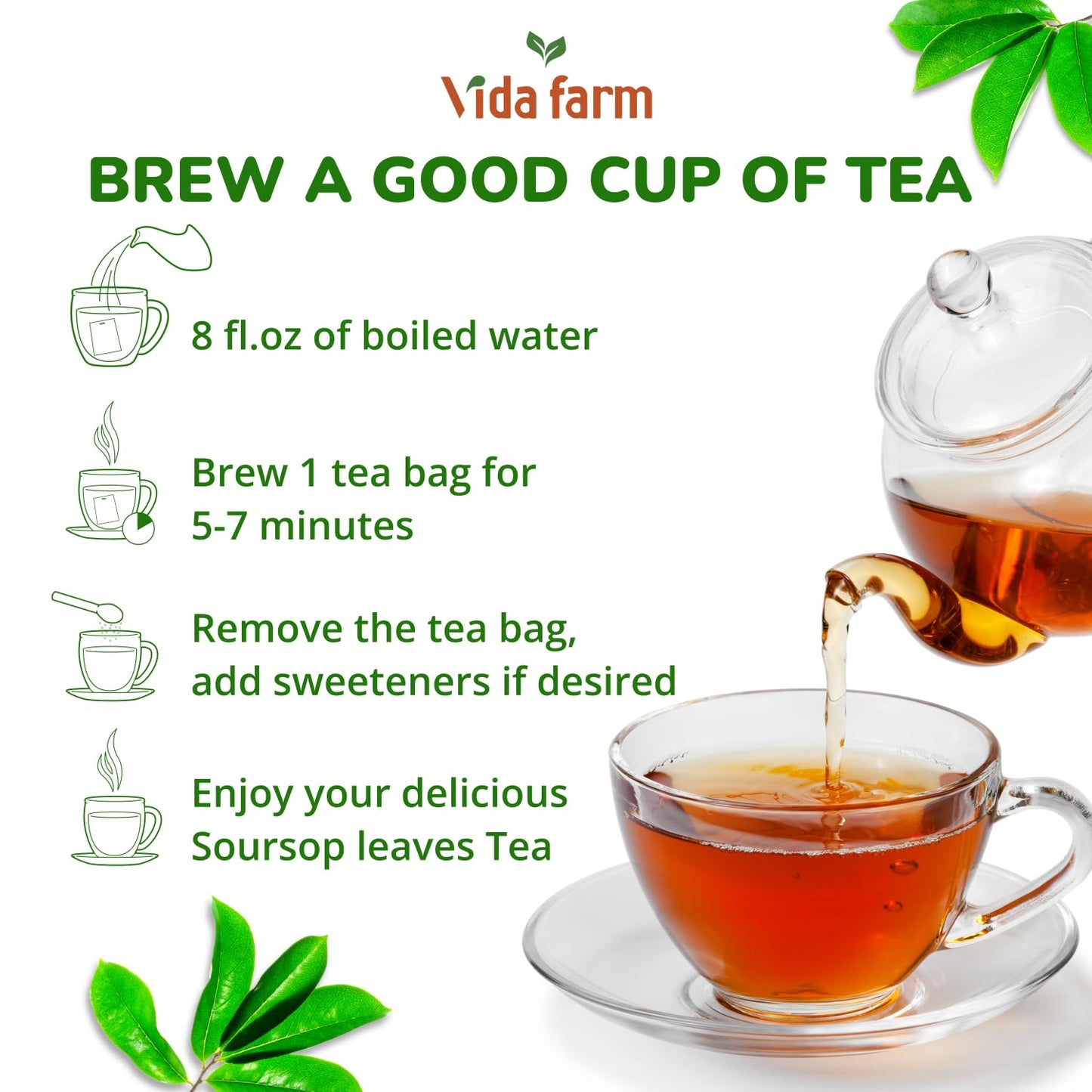 Vida Farm Soursop Tea Bags, 155 Count, 100% Natural Pure Soursop Leaves, Decaffeinated, Vegan, Gluten-Free