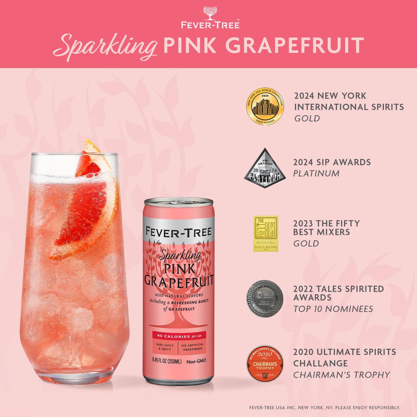 Fever-Tree Sparkling Pink Grapefruit - Premium Quality Mixer - Refreshing Beverage For Cocktails & Mocktails. Naturally Sourced Ingredients, No Artificial Sweeteners Or Colors - 8.5 Fl Oz Cans - Pack Of 24
