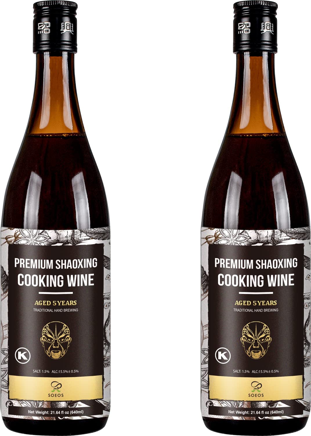 Soeos Shaoxing Rice Wine, 5 Year Aged Cooking Wine, 21.64 fl oz (2 Packs), Brown