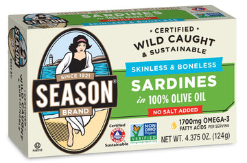 Season Sardines in Olive Oil - Skinless & Boneless, No Salt Added, Wild Caught, 22g of Protein, Keto Snacks, More Omega 3's Than