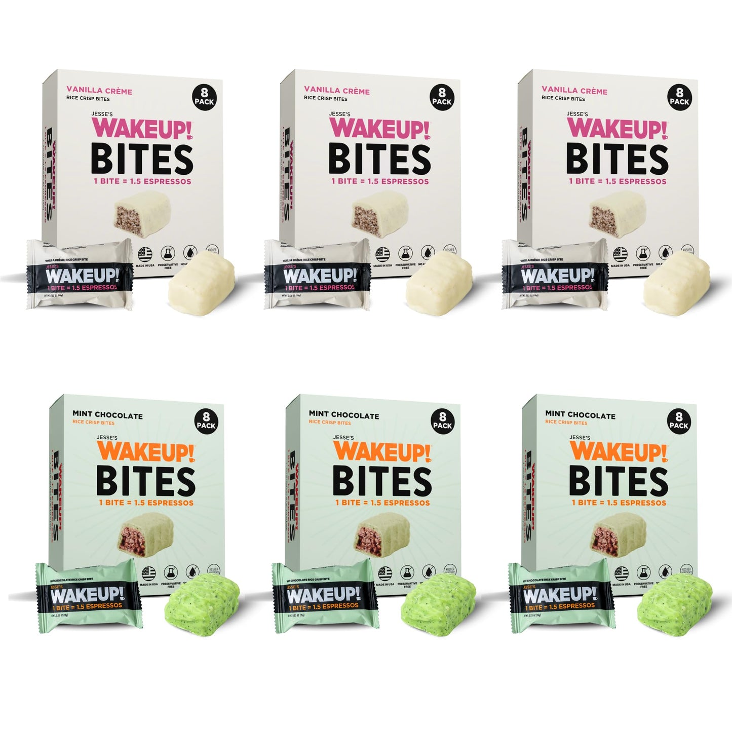 Wake Up! Caffeinated Protein Bars Value Pack - 6 Cartons (48 Bites) - 3 Vanilla Creme & 3 Mint Chocolate - 175Mg Energy Blend (1 Bite = 1.5 Espressos) - Gluten-Free Vegetarian Kosher