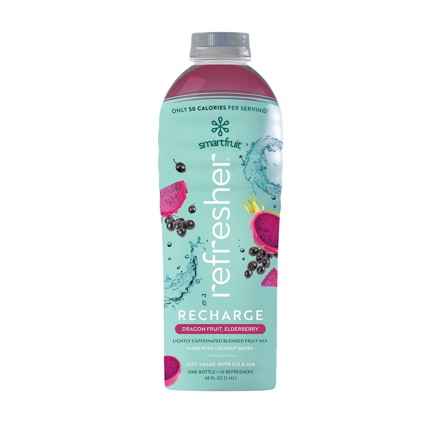 Smartfruit Recharge Refresher - Dragon Fruit, Elderberry - 48oz Bottle - Low Cal, Hydrating Coconut Water - Magenta, Purple