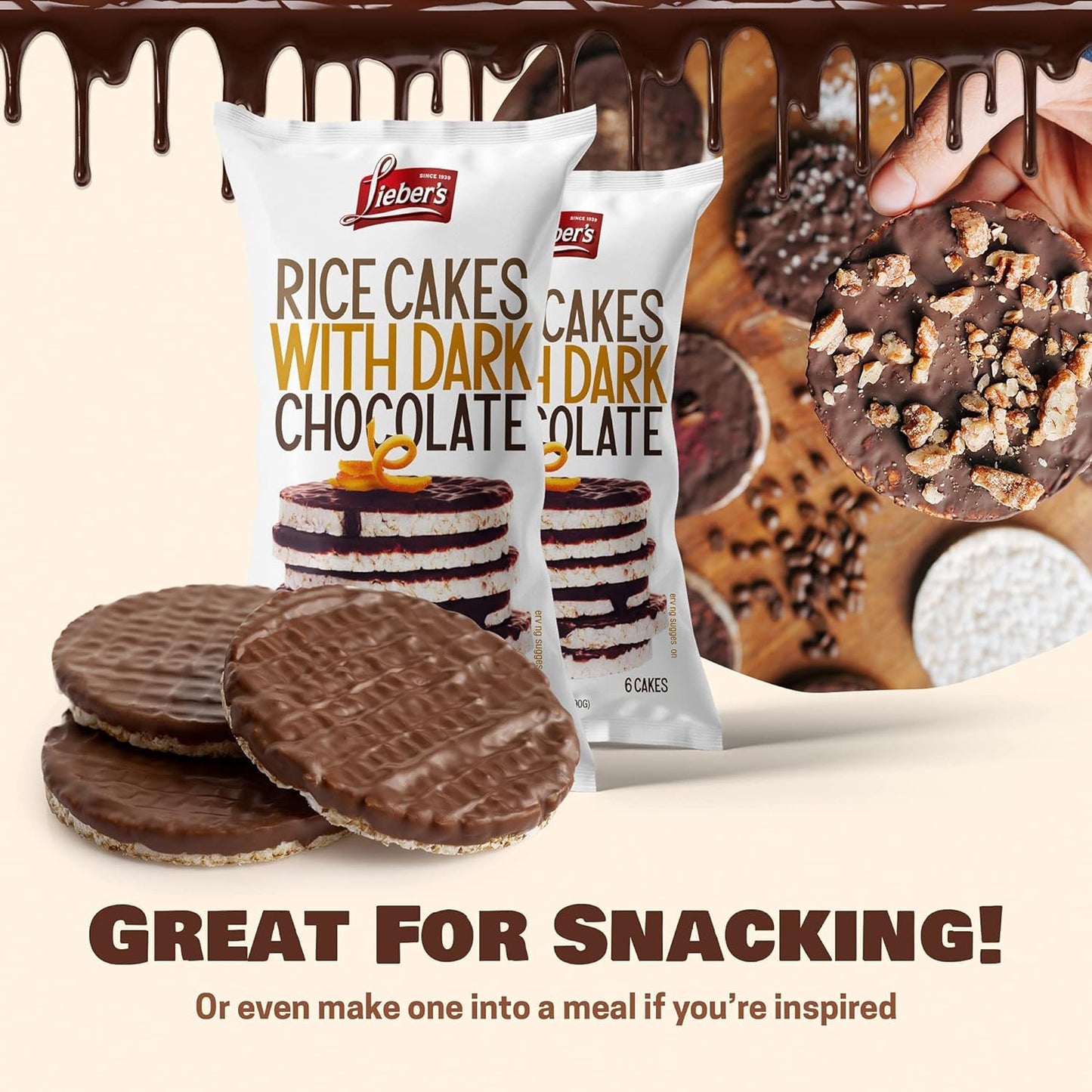 Liebers Dark Chocolate Rice Cakes, Kosher Certified Dairy Free, Gluten Free Snack (Dark Chocolate) Pack Of 8