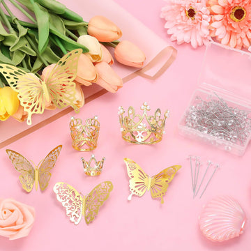 cridoz 163Pcs Flower Bouquet Accessories, 15Pcs Mini Crowns with 48Pcs Gold 3D Butterfly Decorations and 100Pcs Corsage Boutonni