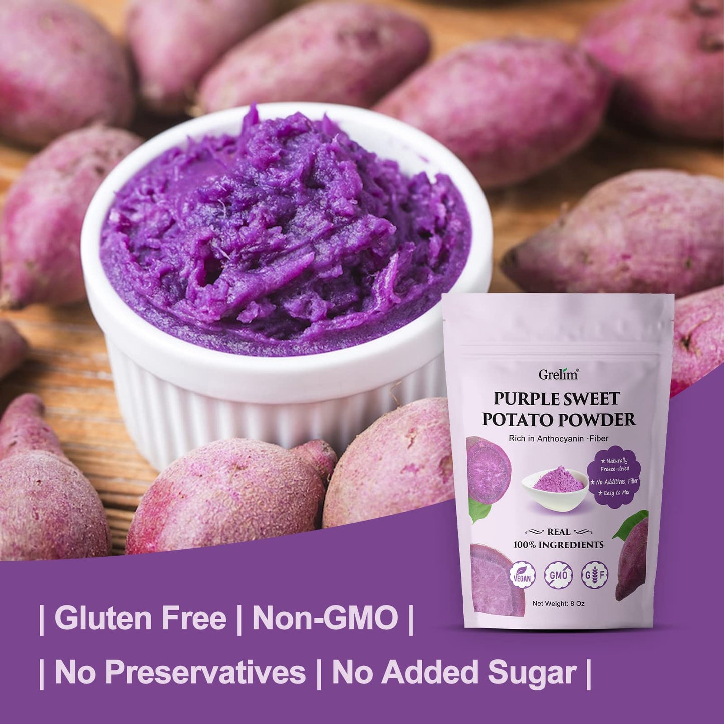 Grelim Premium Purple Sweet Potato Powder 8 Oz, Pure Natural Ube (Purple Yam) Powder Gluten Free Vegan Non-Gmo Purple Food Color