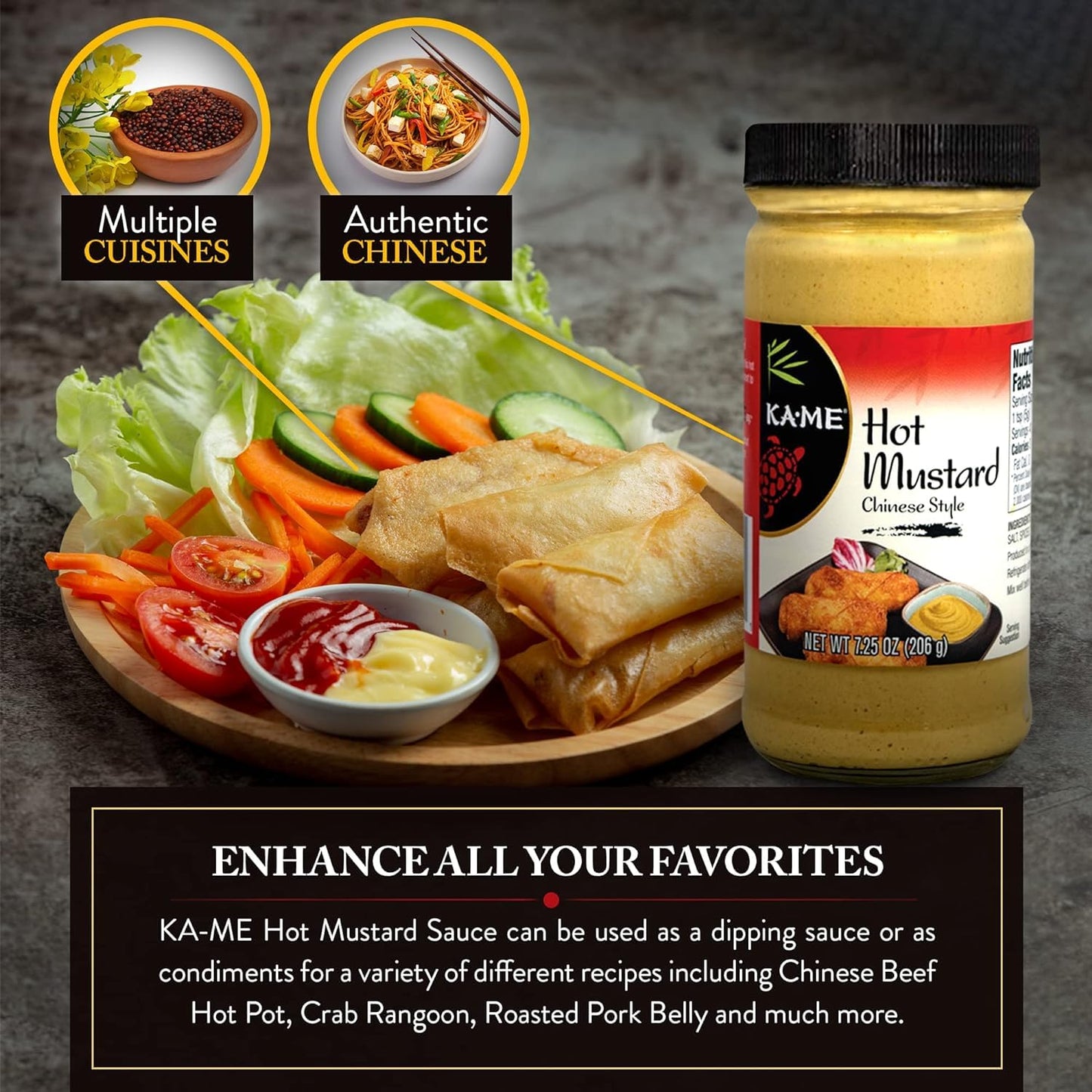 Ka-Me Hot Mustard 7.25 Oz, Asian Ingredients And Flavors, No Preservatives/Msg, Condiments For Egg & Spring Rolls, Fried Wonton, Roasted Pork Belly, Chinese Beef Hot Pot And Many More