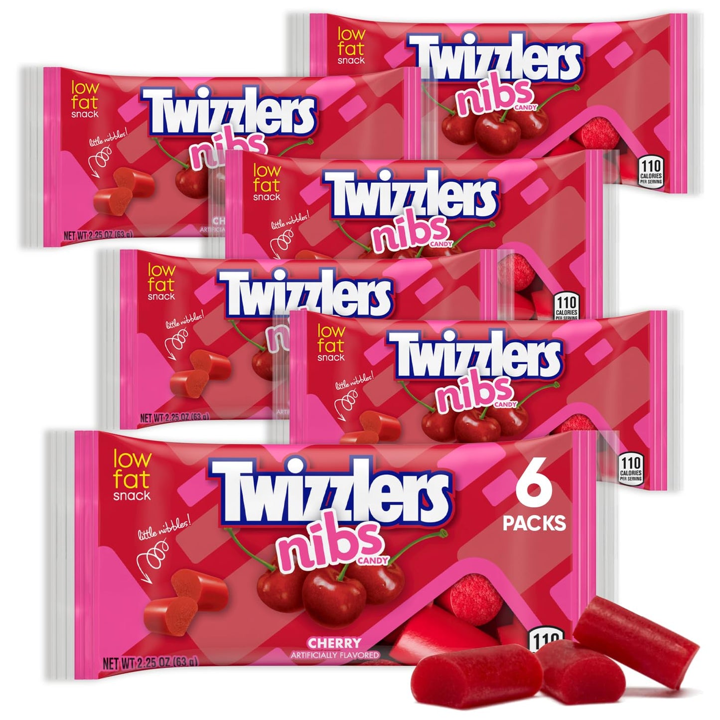 Licorice Candy Cherry Flavored Nibs 2.25oz 6 Packs - Chewy Confection Bursting with Tangy Cherry Goodness, Low Fat & Cholesterol