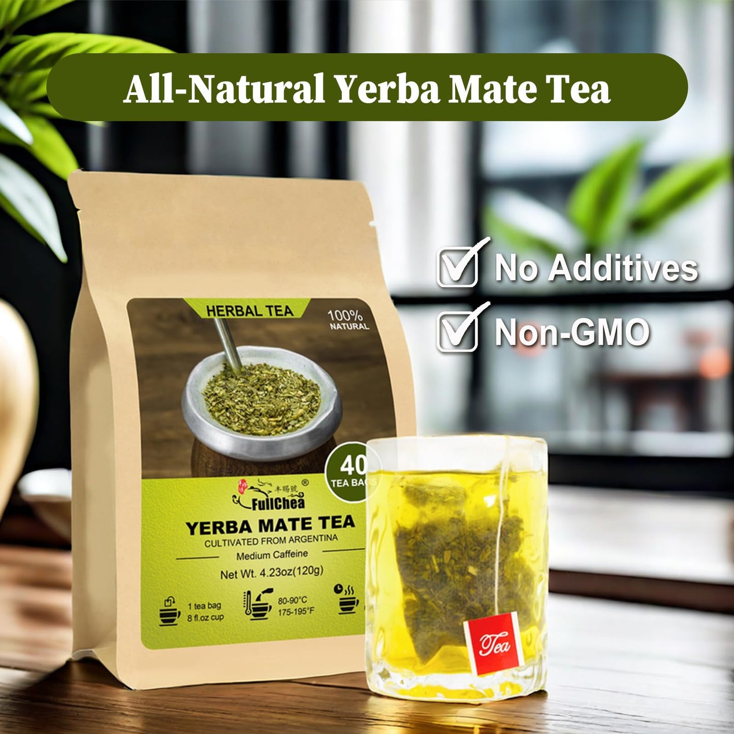 Fullchea - Yerba Mate Tea Bag, 40 Teabags, 3G/Bag - Unsmoked, Cultivated From Argentina - Rich In Antioxidants And Plant Nutrients