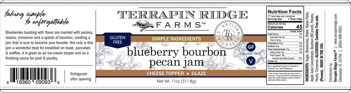 Terrapin Ridge Farms Blueberry spirit-inspired flavor Pecan Jam - Sweet Jam with Blueberries, Pecans, Cinnamon - Two 11 oz Jars