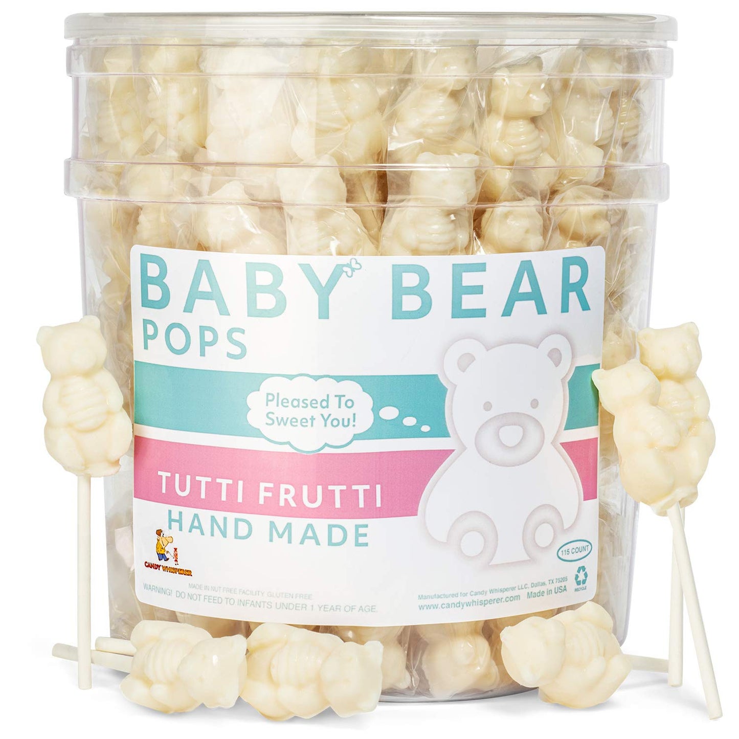 White Bear Pops Lollipop Suckers: Individually Wrapped Baby Bear Candy On A Stick By Espeez - Tutti Frutti Bears (115 Count)
