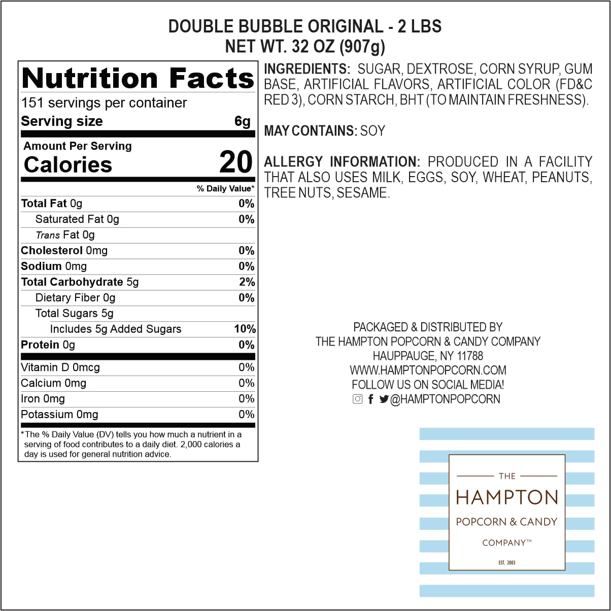 Dubble Original Bubble Gum - 2 lb Bulk Bag (Approx. 140 Pieces) - Individually Wrapped by The Hampton Popcorn Company - Pink Gum