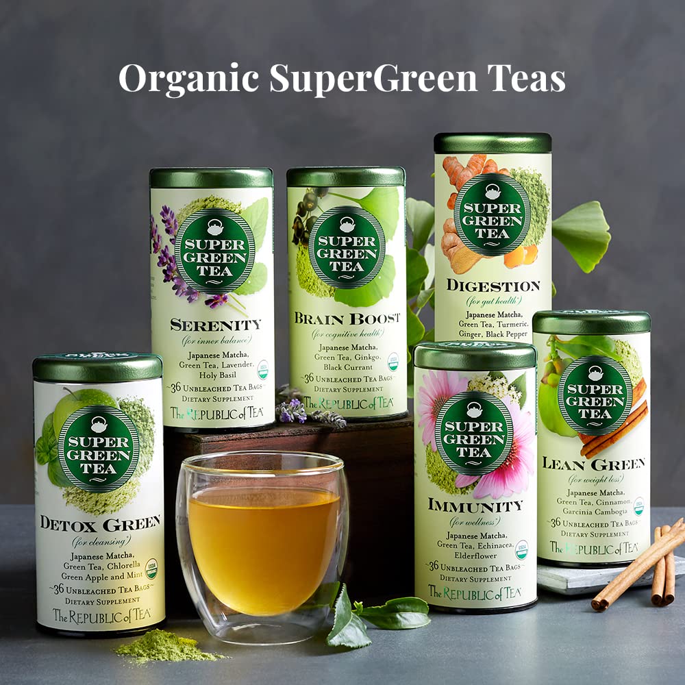 The Republic of Tea Organic Digestion SuperGreen Tea, 36 Tea Bags, Naturally Caffeinated Matcha and Green Tea