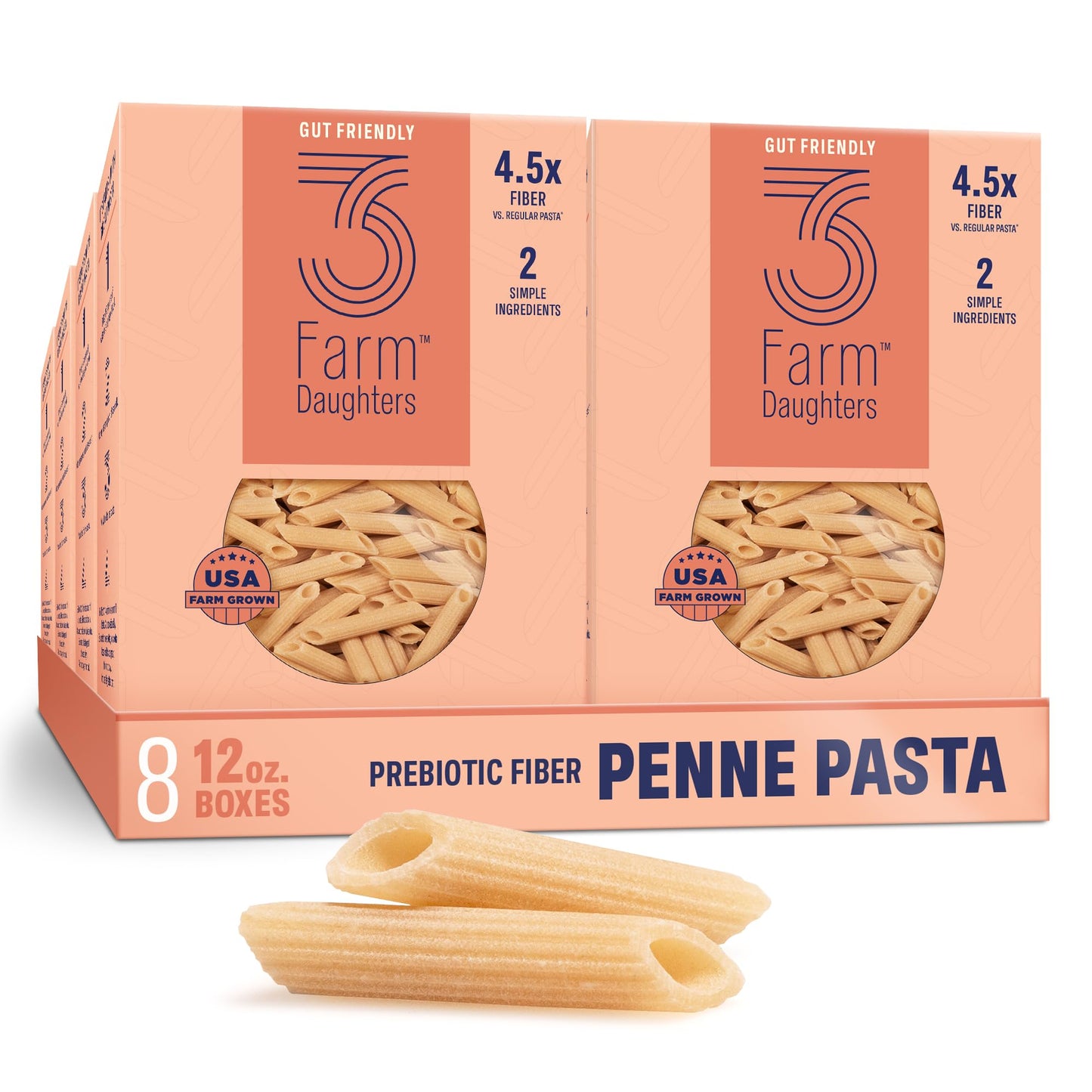 Three Farm Daughters High Fiber Pasta Penne Pack, Low GI, Non GMO Penne Pasta Noodles, Low Net Carb, Made in the USA, 12 oz. (8