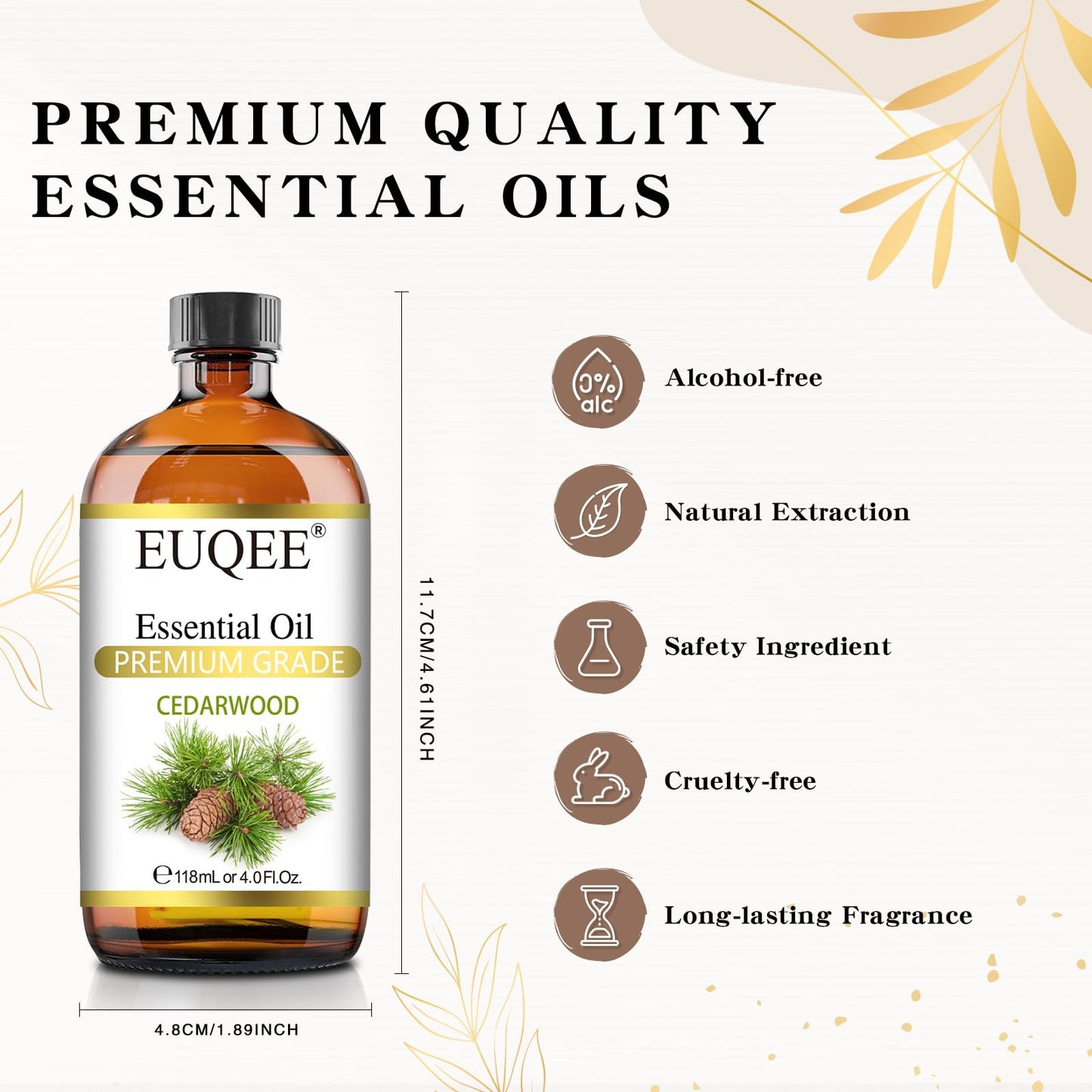 Euqee Cedarwood Essential Oil 118Ml/4Oz Pure Cedarwood Oil Premium Essential Oil For Diffuser, Humidifier, Skin Care With Glass