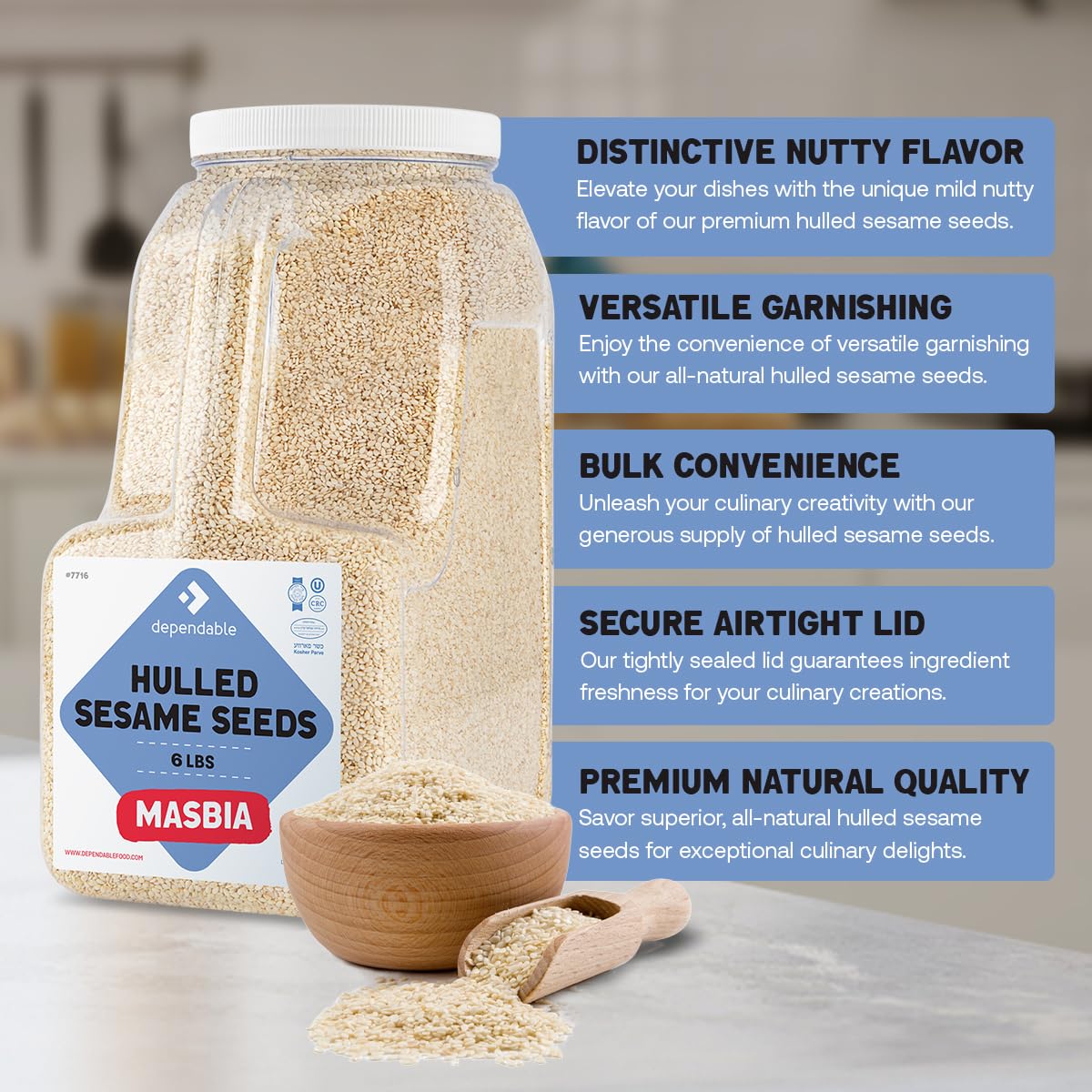 Dependable Food Hulled Sesame Seeds - 6 LB. Jar - Kosher Raw White Sesame Seeds Bulk - Great for Tahini - Ideal for Chefs Restaurants & Culinary Enthusiasts - Non GMO- Natural Sesame Seed