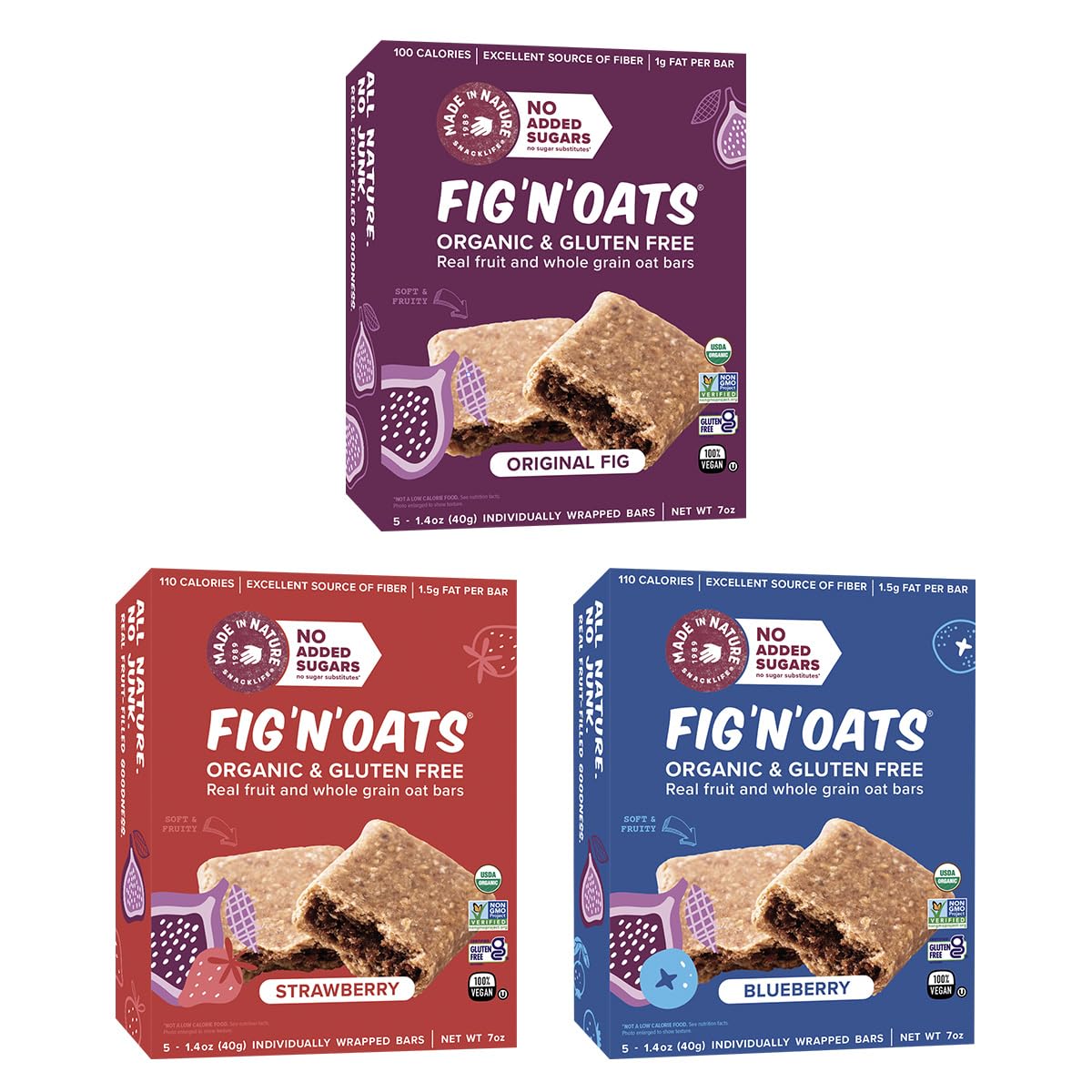 Made in Nature Organic Fig N Oat Bars, 1.4 Ounce 5 Count (3 Pack) - Original Fig, Blueberry, and Strawberry, Organic, Non-GMO, N