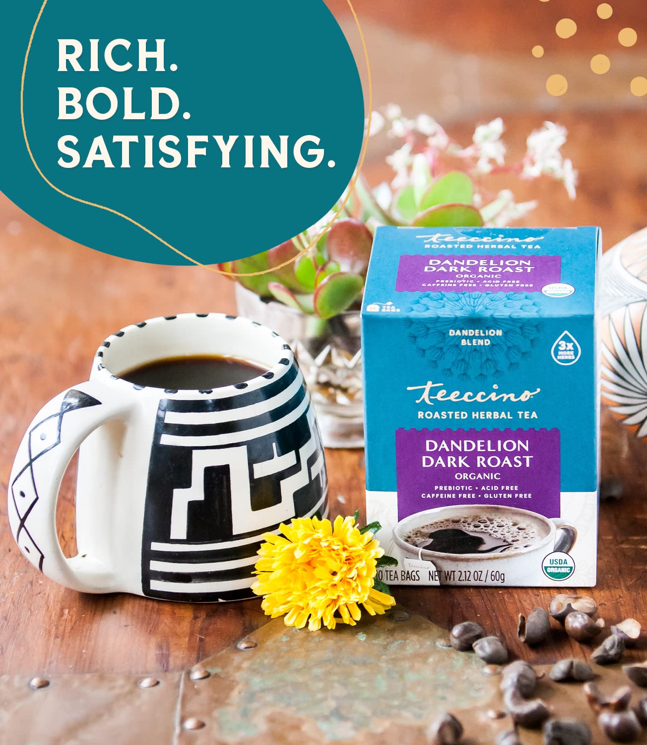 Teeccino Dandelion Tea – Dark Roast Herbal Tea, Caffeine-Free, 10 Count (Pack of 4)