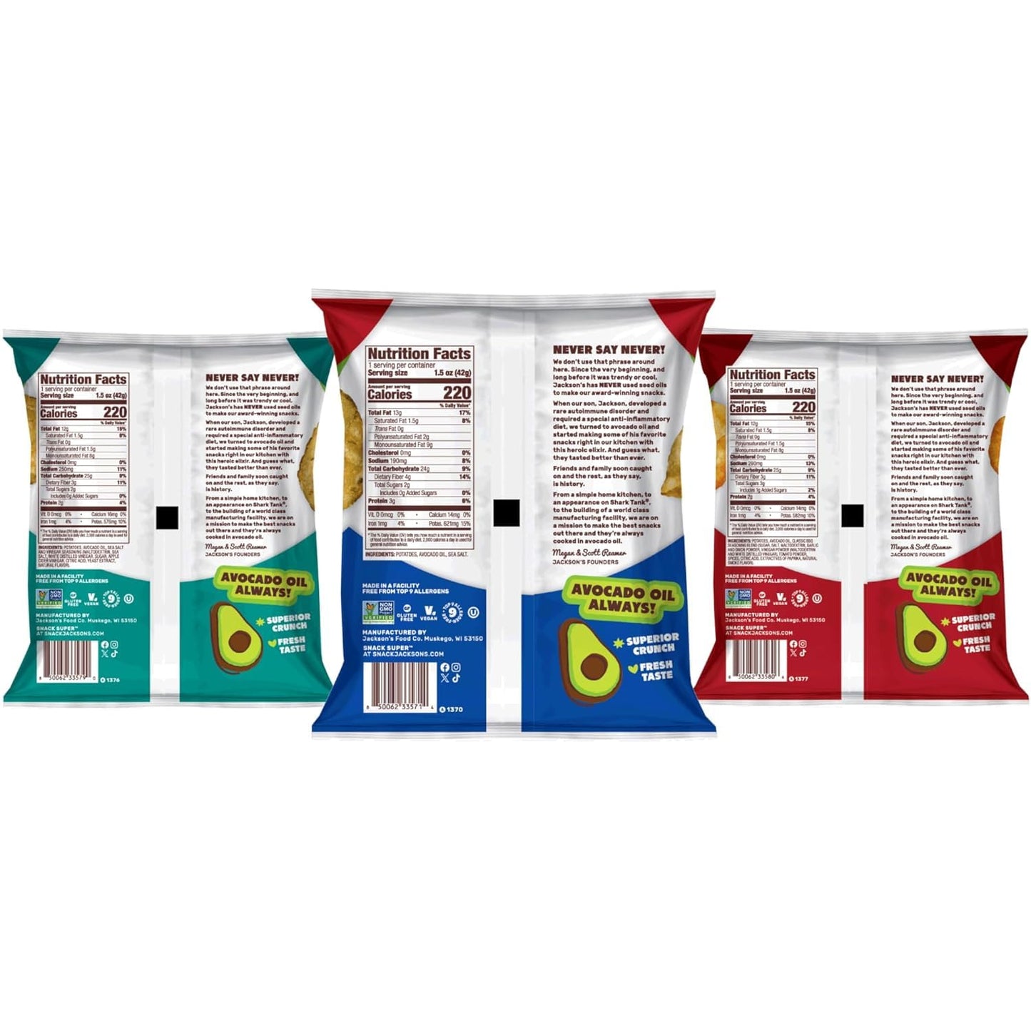 Jacksons Classic Kettle Potato Chips (Variety Pack, 1.5 Oz, Pack Of 10) - Made With Premium Avacado Oil, Sea Salt, Salt & Vinega