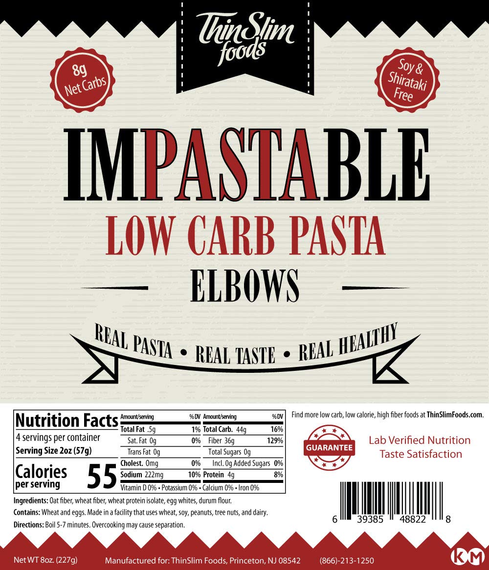 ThinSlim Foods Impastable Low Carb Pasta, Elbows, 8g Net Carbs, 36g Fiber, 55 Calories, 8 Ounce (Pack of 2)