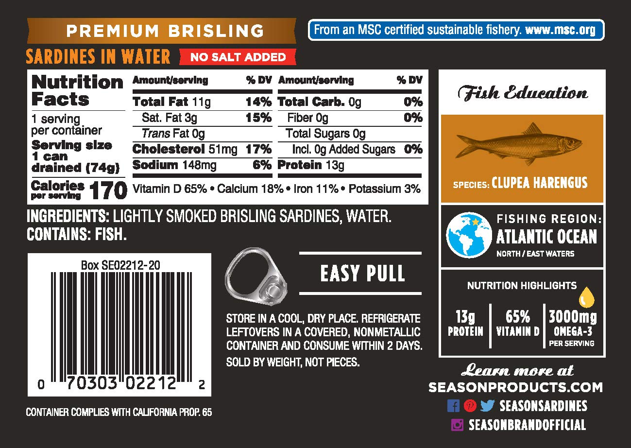 Season Brisling Sardines In Water - No Salt Added, Wild Caught, 13G Of Protein, Keto Snacks, More Omega 3'S Than Tuna, Kosher, H