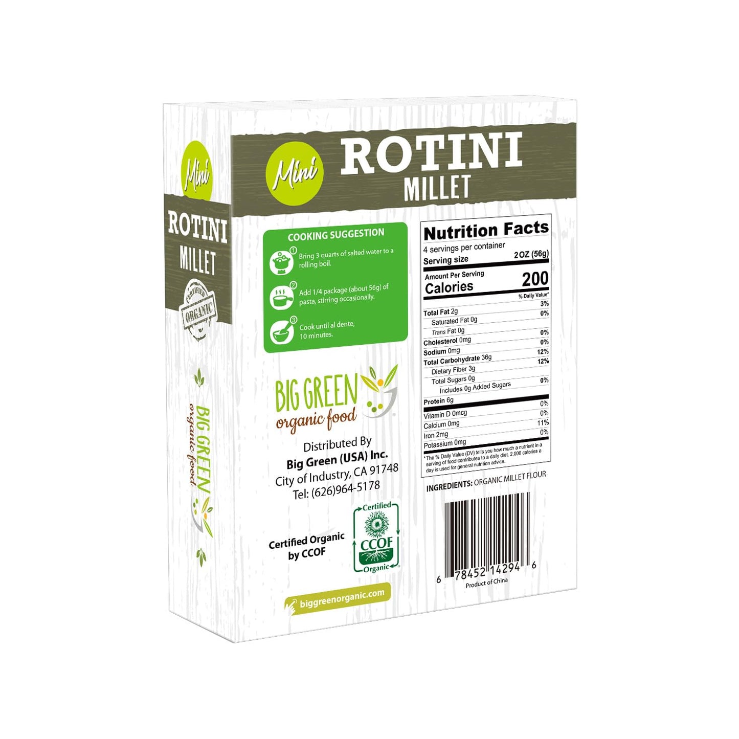 Big Green Organic Food - Organic Mini Millet Rotini Pasta, Gluten-Free, Non-Gmo, Vegan, Plant-Based, Kids Favorite, 8.8 Oz (1 Box)