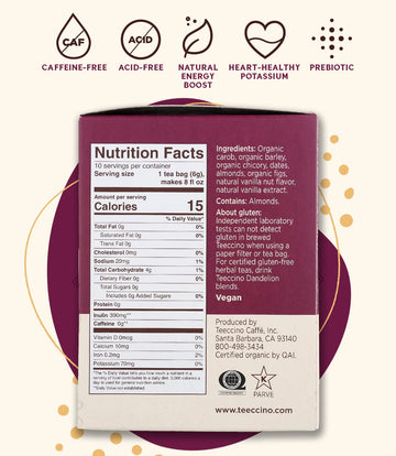 Teeccino Herbal Tea - Vanilla Nut, Caffeine-Free, Prebiotic, 10 Tea Bags, Pack of 4