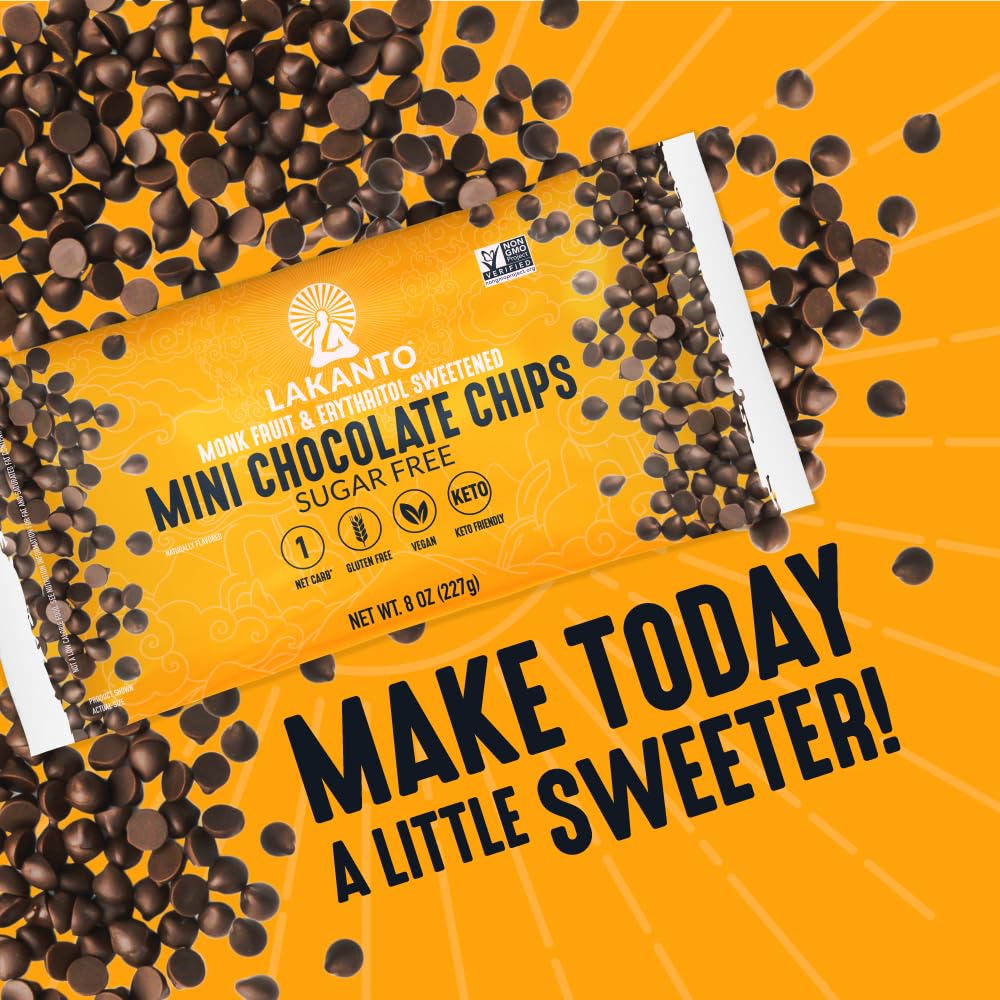 Lakanto Sugar Free Mini Chocolate Chips - Monk Fruit Sweetener And Erythritol, Perfect For Baking, Pancakes, Muffins, Protein Bites, Melting, Snacking, Toppings, Smoothies (8 Oz - Pack Of 3)