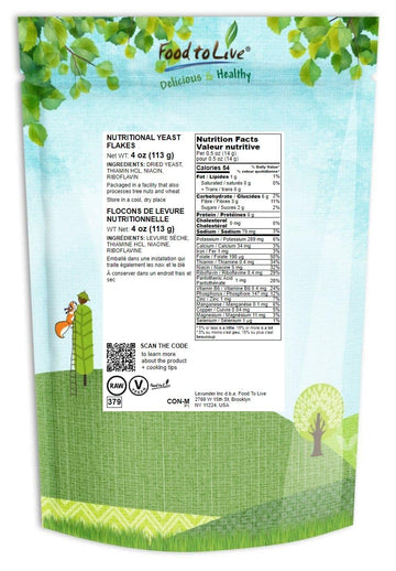 Food To Live Nutritional Yeast Flakes, 4 Ounces Fortified Large Flakes, Inactive, Unsweetened, Vegan Thickener, Bulk. Good Sourc