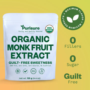 Purisure Organic Monk Fruit Sweetener, 125g (4.41oz), Zero Calorie, Keto & Paleo Friendly, Pure USDA Organic Extract