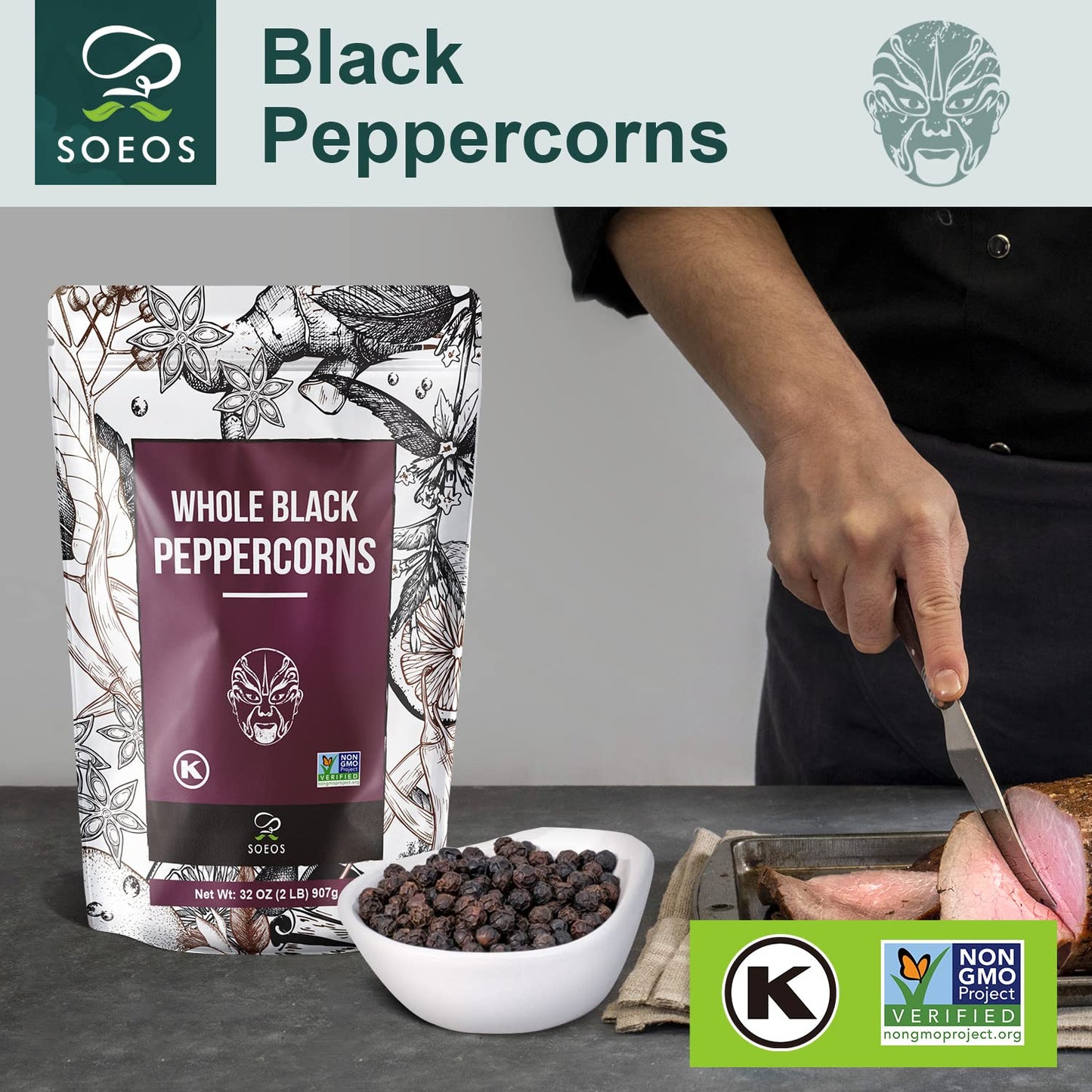 Soeos Black Peppercorns, 32Oz (Pack Of 1), Non-Gmo, Kosher, Packed To Keep Peppers Fresh, Peppercorn For Grinder Refill, Whole Peppercorns