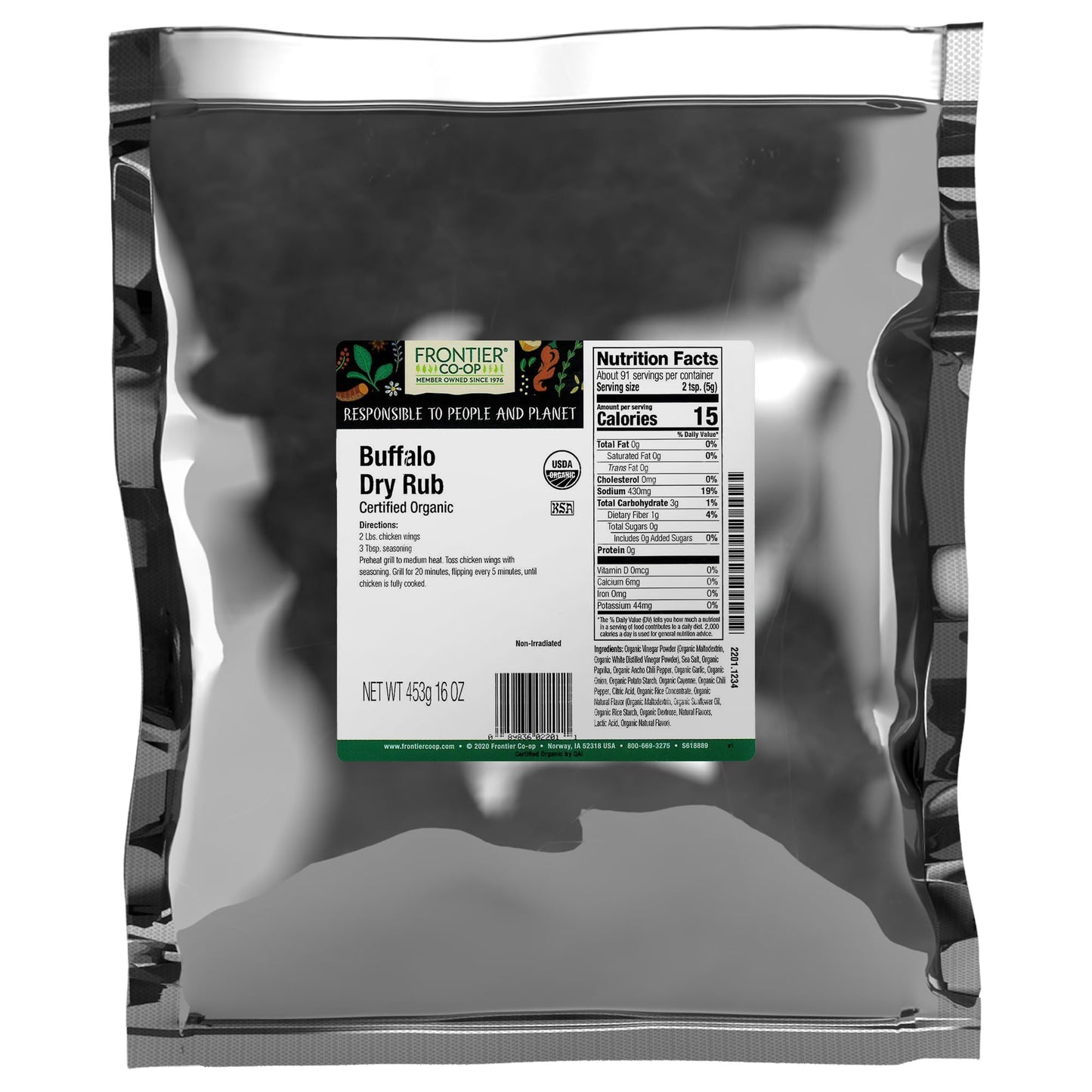 Frontier Co-op Organic Buffalo Dry Rub, 1lb Bulk Bag - Tangy and Spicy Seasoning with Paprika, Vinegar, and Chili Pepper for Chi